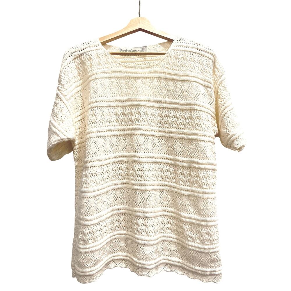 American Sweater Vintage Cream Lace Knit Cottagecore Top USA Romantic Coastal